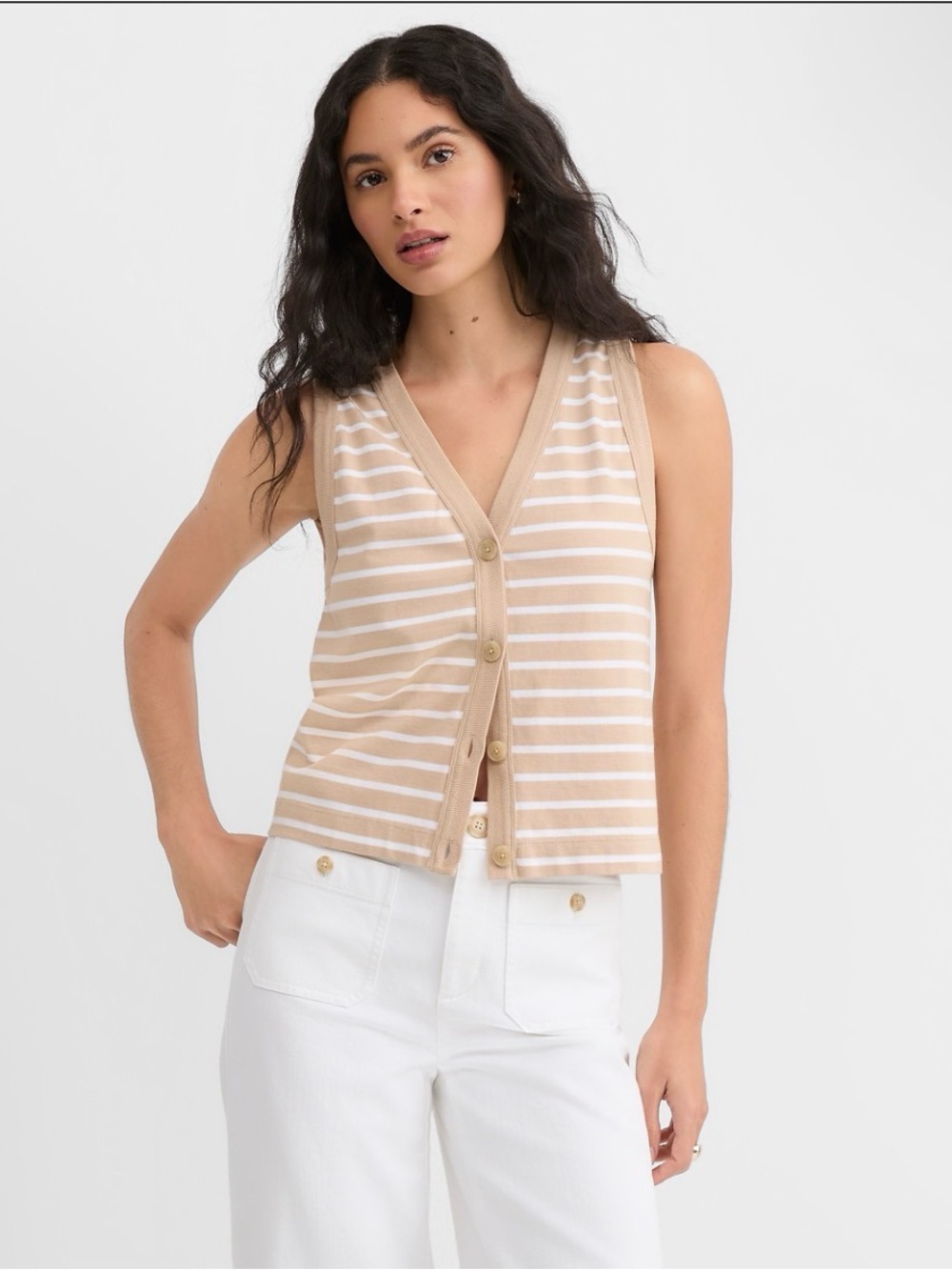 LOFT Beige and White Striped Sleeveless Button Cardigan